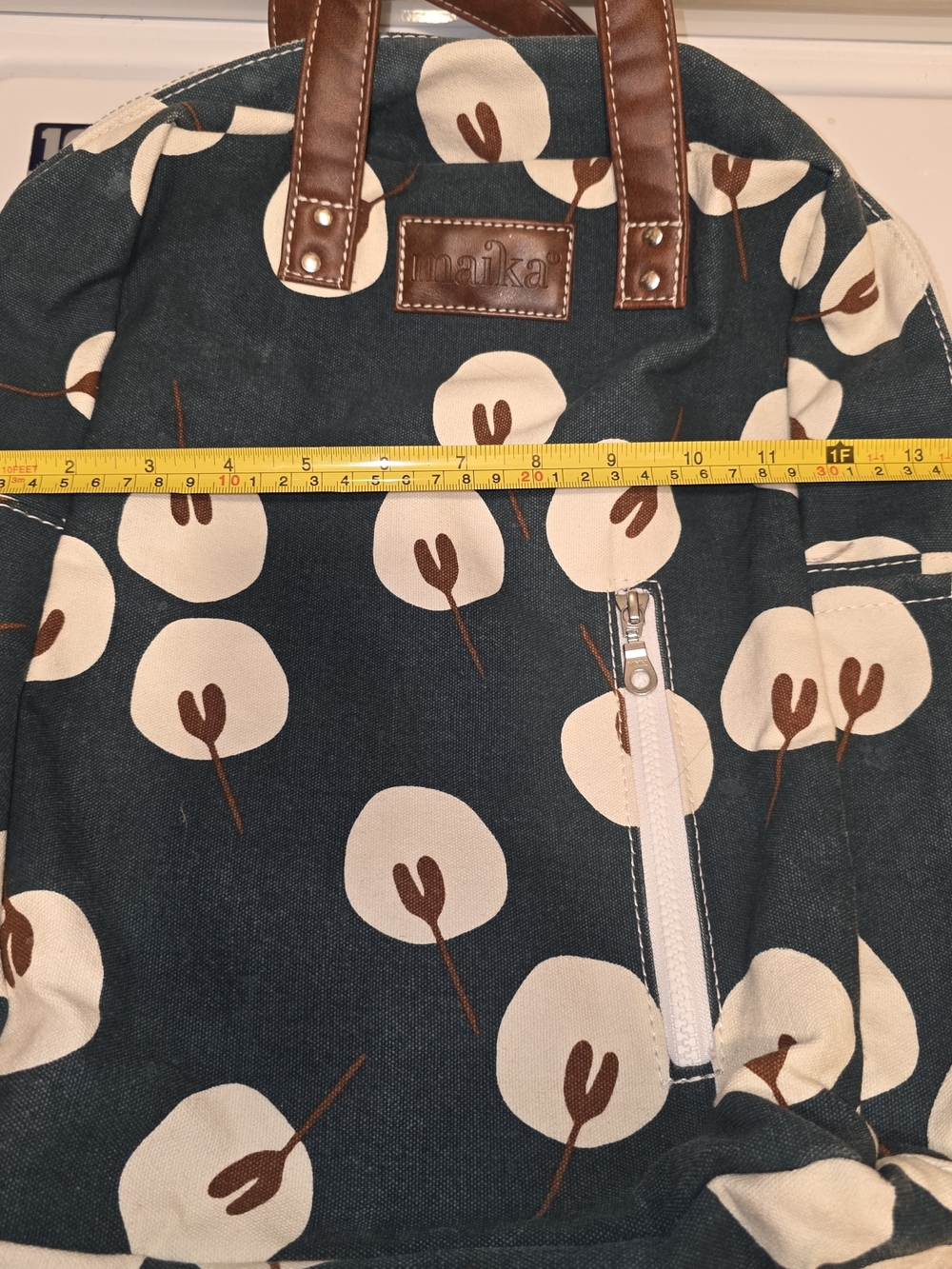 Maika Teal Canvas Backpack with Cream Floral Print and Brown Leather Handles - Picture 6 of 6